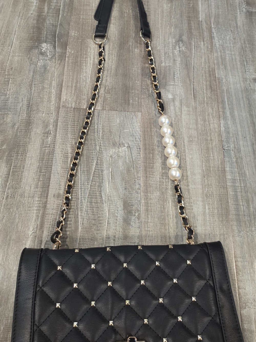 Badgley Mischka Black Quilted Crossbody with Pearl Accent & Gold Chain